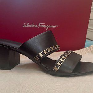 Salvatore Ferragamo Leather Slides with Gold Chainlink Detail
